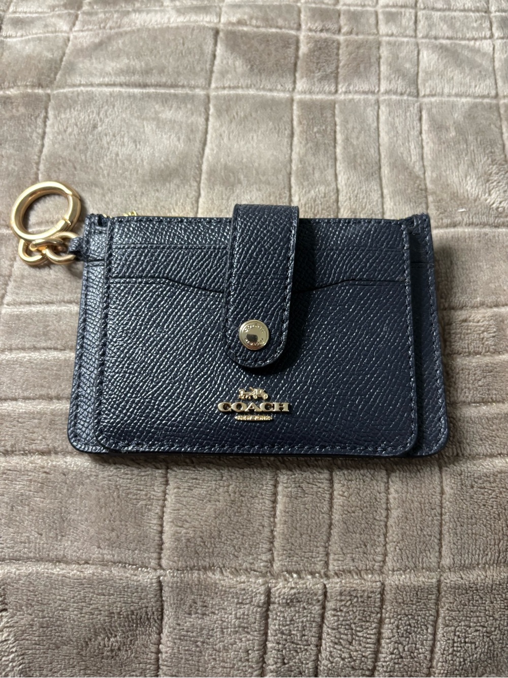 Coach Black Leather Card Case with Gold Keyring